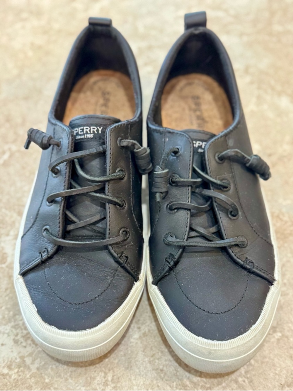 Sperry Women’s Black Leather Boat Sneakers with White Sole
